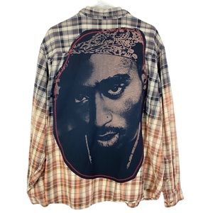 Tupac Reworked Bleached Plaid Flannel Button Down Shirt Men XXL Unisex Handmade